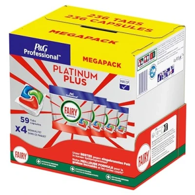 Abbildung von Fairy Professional Platinum Plus Spülmaschinentabs, 236 Kapseln (4 x 59), für Eingebranntes Fett und Kurzprogramme, HACCP Konform, professionelle Formel den Einsatz in Gewerblichen Küchen