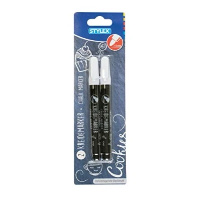 Abbildung von Stylex 32782 Kreidemarker, 2 Kreidestifte in weiß, Strichstärke 1 3 mm, zum Beschriften von glatten Oberflächen wie Glas, Spiegel, Tafeln
