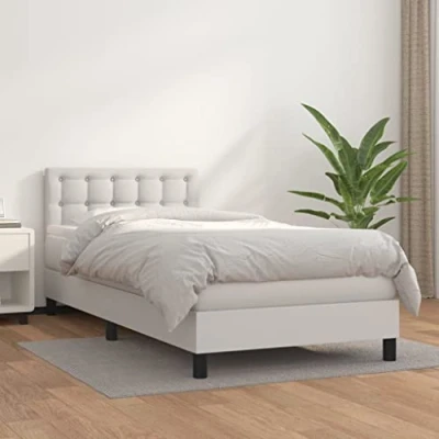 Abbildung von vidaXL Boxspringbett mit Matratze Kunstlederbett Polsterbett Bettgestell Einzelbett Bett Hotelbett Bettrahmen Lattenrost Schlafzimmerbett Weiß 100x200cm