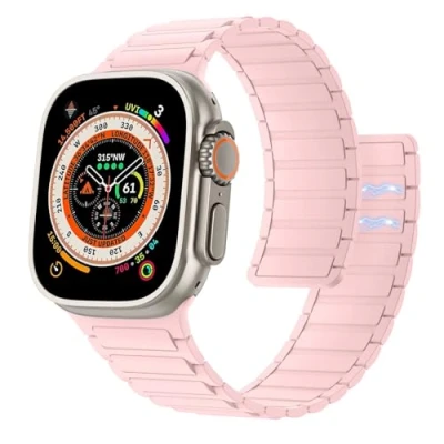 Abbildung von Astorgos Magnetisch Uhrenarmband Kompatibel mit Apple Watch Armband Ultra/Ultra2 49mm/SE Serie 10/9/8/7/6/5/4/3/2/1 42/44/45/46mm, Silikon Armbänder Starker Magnet Link Ersatzarmband,Rosa