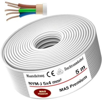 Abbildung von MAS Premium Feuchtraumkabel Stromkabel 5 200m Mantelleitung NYM J 3x1, 2,5 4 6 10 oder 5x1,5 16 Elektrokabel für feste Verlegung (NYM 5x4 mm², 5m)
