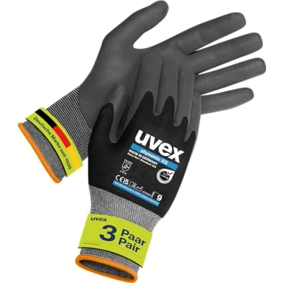 Abbildung von Uvex phynomic XG, 3 Paar Montagehandschuh, Schutzhandschuh, Arbeitshandschuh extra grip, wiederstandsfähig &amp; feinfühlig schwarz, grau Größe 10/XL