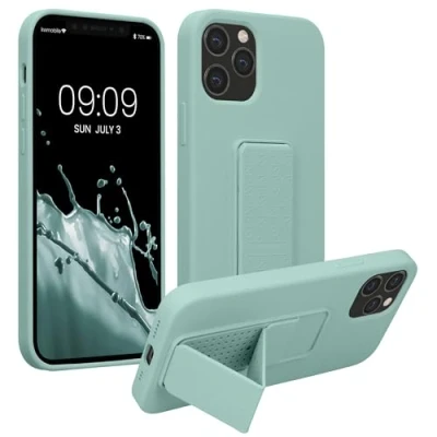 Abbildung von kwmobile Handyhülle kompatibel mit Apple iPhone 12 / Pro Hülle Fingerhalter und Standfunktion Silikon Case Handy Cover in Mintgrün