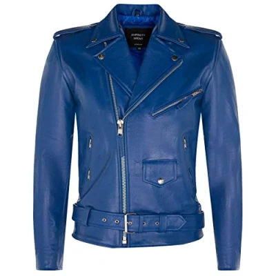 Abbildung von Herren Leder Blau Brando Motorradfahrer Rock Motorrad Kuhfell M