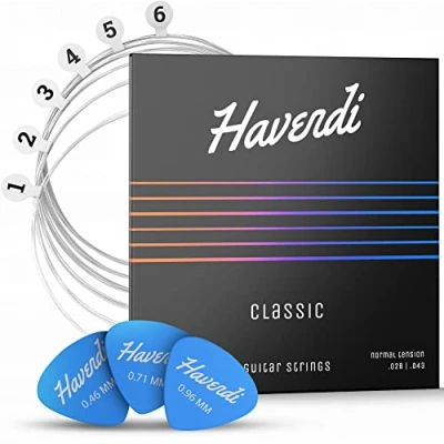Abbildung von HAVENDI® Gitarrensaiten Klassische Gitarre für brillante Klangqualität Langlebige Nylon Saiten Akustikgitarre mit Silber Ummantelung inkl. 3 Plektren