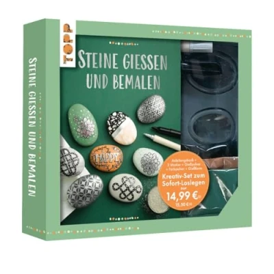 Abbildung von Kreativ Set Steine gießen: Buch (32 S., DIN A5, Softcover), Gießform, weißes Gießpulver, Farbpulver in Grün, Orange, Schwarz, Acrylmarker Silber und Schwarz