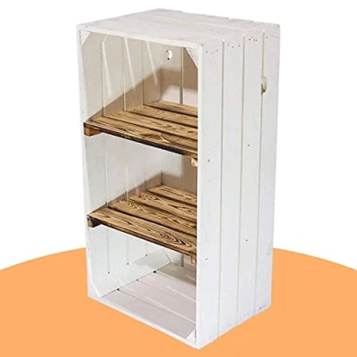 Abbildung von moooble Weiße Holzkiste mit 2 geflammten Mittelbrettern 68cm x 40cm 31cm Zwischenbretter flambiert Obstkiste Weinkiste Klassisch Schuhregal Bücherregal Kistenregal Einlegeböden