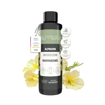 Abbildung von alphazoo Premium Nachtkerzenöl Für Hunde 100 ml Kaltgepresstes Futteröl mit Omega 6 &amp; 9 Fettsäuren gesunde Haut glänzendes Fell