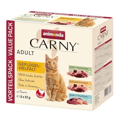Abbildung von Carny Katzenfutter nass Pouch Geflügel Mix (8 x 85g), Katzen Nassfutter ohne Getreide und Zucker für ausgewachsene von animonda mit frischen fleischlichen Zutaten, praktische Portionsbeutel