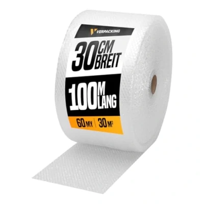 Abbildung von verpacking Luftpolsterfolie 100 m lang Noppenfolie Knallfolie Blisterfolie Polstermaterial Füllmaterial für Kartons (1 Rolle 30 cm x m, 60 my)