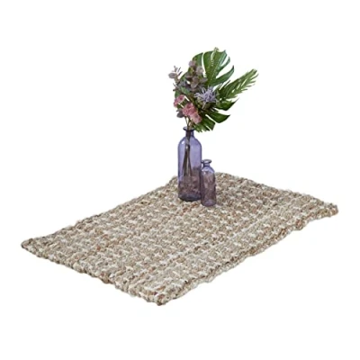 Abbildung von Relaxdays Jute Teppich, 60 x 90 cm, handgewebter Teppichläufer, Naturfasern, Läufer Flur, Wohnzimmer, Küche, beige/creme