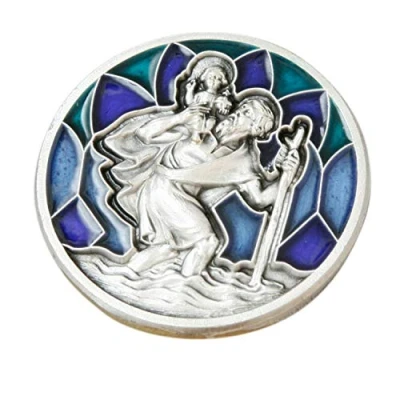 Abbildung von Autoplakette CHRISTOPHERUS/Plakette fürs Auto CHRISTOPHORUS vor blauem Mosaik [Durchmesser Ø 3 cm] Automedaille mit Magnet zur einfachen Befestigung