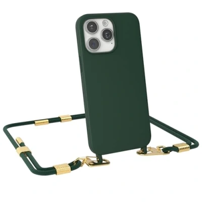 Abbildung von EAZY CASE Handykette mit Karabiner kompatibel iPhone 15 Pro Max Hülle Silikon Fallschutz Handyhülle für Kette zum Umhängen Schutzhülle Mikrofaser in Pinien Grün Clips Gold