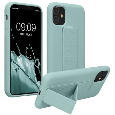 Abbildung von kwmobile Handyhülle kompatibel mit Apple iPhone 11 Hülle Fingerhalter und Standfunktion Silikon Case Handy Cover in Mintgrün