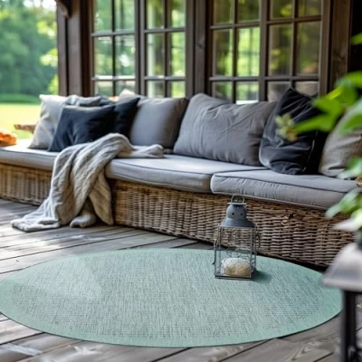 Abbildung von SIMPEX Outdoor Teppich Rund,Terrasse Balkon Garten Küchenteppich Einfarbiges Design Wetterfest Flachgewebe Sisal Look Waschbarer Teppich, Größe: 120 cm Rund, Farbe: Blau