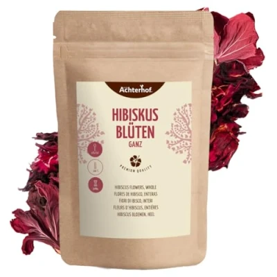 Abbildung von Hibiskusblüten ganz getrocknet 100g leicht säuerlich fruchtiger Geschmack essbare Hibiskus Blüte süß aromatischer Hibiskustee ideal für Salate, Desserts, Kuchen, Joguhrts vom Achterhof