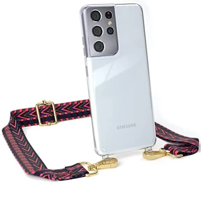 Abbildung von EAZY CASE Handykette Verstellbarer Trageriemen kompatibel mit Samsung Galaxy S21 Ultra, Schulterriemen, Handykordel Case, DIY Gürteltasche Hülle, Pink/Blau Metallstücke Gold