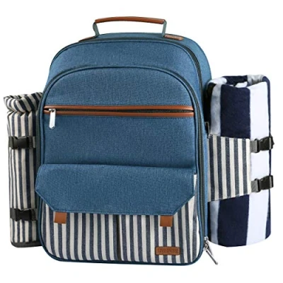 Abbildung von Sunflora Picknick Rucksack Set 4 Personen mit Isoliertem Kühlung und Decke, Picknickkorb für Camping Outdoor (Blau &amp; Streifen)