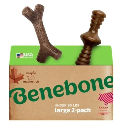 Abbildung von Benebone 2 Pack Indestructible Maplestick/Zaggler For Aggressive Chewers, Long Lasting Tough Boredom Breaker Dogs, Real Bacon and Maple Wood Flavour, Large Made in the USA.