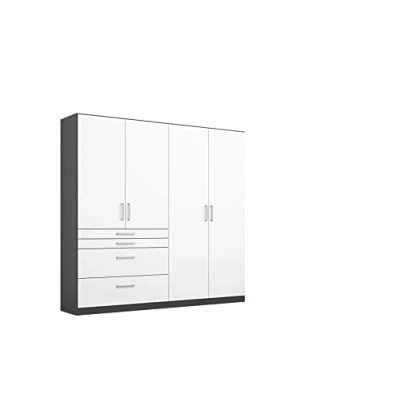 Abbildung von Rauch Möbel Harburg Schrank Kleiderschrank Drehtürenschrank Weiß/Graumetallic 4 türig mit Schubladen inklusive Zubehörpaket Basic 3 Einlegeböden, 1 Kleiderstange BxHxT 181x197x54 cm
