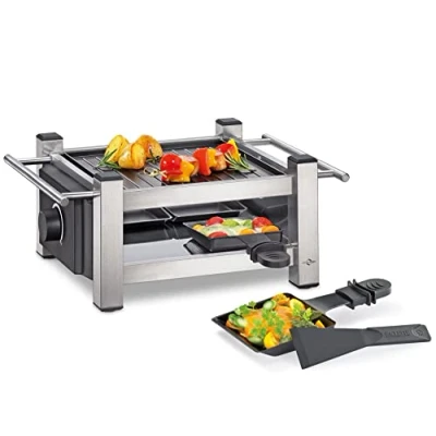 Abbildung von Küchenprofi Raclette TASTE4 , 4 Personen, Antihaftbeschichtete Grillplatte beidseitig verwendbar, je Pfännchen &amp; Schaber, Grill mit seitlichen Griffen