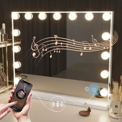 Abbildung von Hansong Bluetooth Hollywood Spiegel mit 15 LED Lampen Schminkspiegel Beleuchtung und Kosmetikspiegel USB für Schlafzimmer