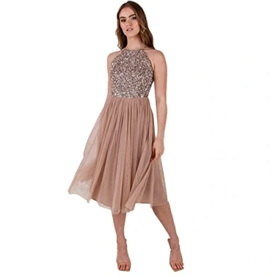Abbildung von Maya Deluxe Damen Versierd halslijn midi jurk Brautjungfernkleid, Taupe Blush, 54 EU