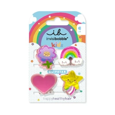 Abbildung von invisibobble CLIPSTAR KIDS HAPPY WORLD 4 Stück Kinder Haarspangen Regenbogen , Stern Herz und Blumen Design Rutschfeste Haarclips für gesundes Haar Perfekt Mädchen