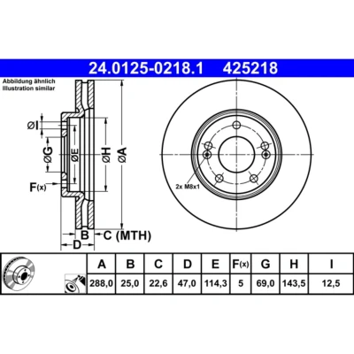 Abbildung von ATE 24.0125 0218.1 Bremsscheibe 288,0 25,0 5 114,3 Belüftet beschichtet hochgekohlt HYUNDAI: i30 III Fastback, Kombi, Schrägheck