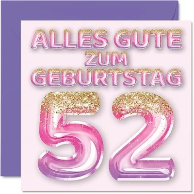 Abbildung von Stuff4 52. Geburtstagskarte für Frauen Rosa Lila Glitzerballons Alles Gute zum Geburtstagskarten 52 Jährige Frau Mama Oma Tante, 145mm Zweiundfünfzig Geburtstag Grußkarten