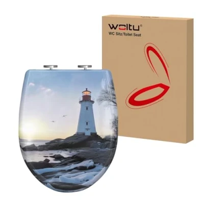 Abbildung von WOLTU Toilettendeckel, WC Sitz mit Absenkautomatik, Klodeckel Quick Release Funktion, O Form Toilettensitz Motiv, Montage oben unten, Duroplast