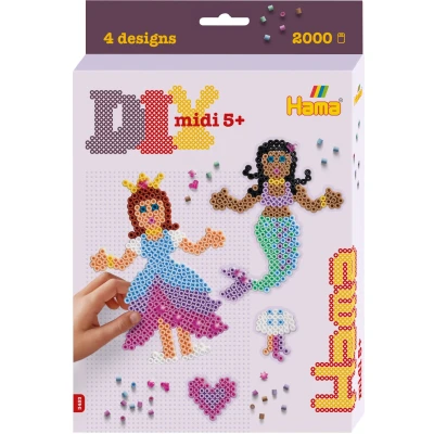 Abbildung von Hama Perlen 3453 Bügelperlen Prinzessin und Meerjungfrau, kleine Geschenkpackung mit ca. 2.000 Midi Perlen, Stiftplatte, Motiv Vorlage, Bügelpapier, für Kinder ab 5 Jahren
