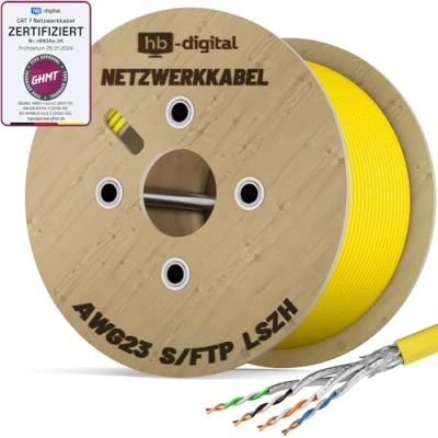 Abbildung von HB DIGITAL 250m CAT.7 Netzwerkkabel LAN Kabel Verlegekabel AWG 23 Reines Kupfer S/FTP PiMF LSZH Halogenfrei RoHS Compliant Ethernet Installationskabel Datenkabel PoE 10Gbit/s GHMT Zertifiziert Gelb