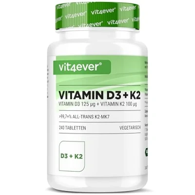 Abbildung von Vitamin D3 + K2 Depot 240 Tabletten Premium Rohstoff: 99,7+% All Trans (K2VITAL® von Kappa) Mit 5000 I.E. pro Tablette Laborgeprüft Hochdosiert