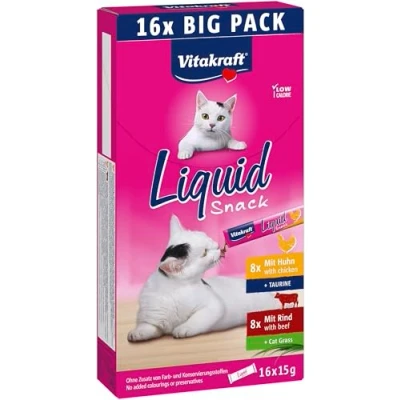 Abbildung von Vitakraft Liquid Snack, Katzen Leckerli, Katzensnack cremig, mit Rind, Huhn, in einzelnen Sachets, 1 Vorratspackung (16x 15g)