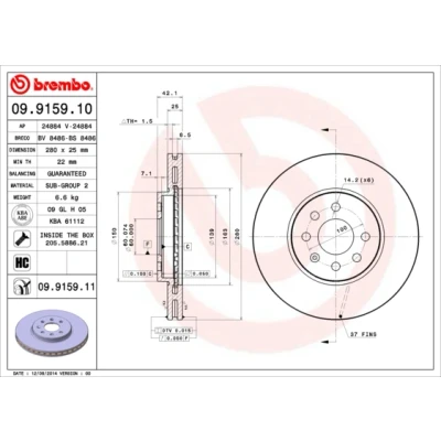 Abbildung von BREMBO COATED DISC LINE 09.9159.11 Bremsscheibe 280 25 4 innenbelüftet beschichtet hochgekohlt mit Schrauben OPEL: Meriva A, Corsa C Schrägheck