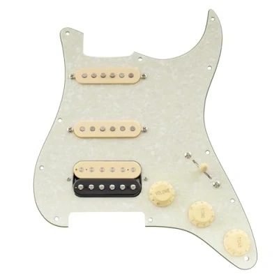 Abbildung von Musiclily Pro HSS Auto Split Pre wired Loaded Pickguard ST Gitarren Vorverdrahtetes Schlagbrett mit Artec Staggered Alnico 5 Humbucker für Strat Style E Gitarre, 4 lagig Aged White Pearl