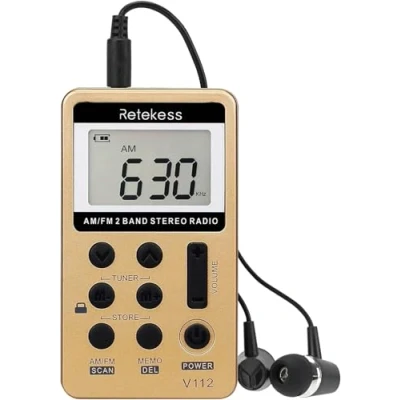 Abbildung von Retekess V112 Mini Radio Batteriebetrieben,Radio Klein mit Kopfhörer,FM AM,Schlaftimer,Wiederaufladbar,LCD,500mAh Akku,Geeignet zum Laufen,Reisen,Angeln(Gold)