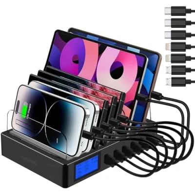 Abbildung von Schnellladestation PD20W QC3.0 Multi USB Ports, 7 in 1 Ladestation für Mehrere Geräte mit LCD Display Kompatibel iPhone iPad Samsung Huawei und mehr (Schwarz)