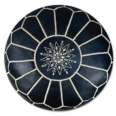 Abbildung von Poufs&amp;Pillows Premium Echt Leder Pouf Handgefertigt gefüllt geliefert Ottoman Sitzsack Fußhocker (Dunkelblau)