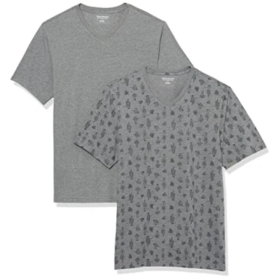 Abbildung von Amazon Essentials Herren T Shirt mit kurzen Ärmeln, V Ausschnitt und schmaler Passform, 2er Pack, Grau Meliert Kaktusmuster, XL