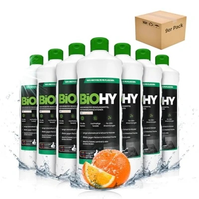 Abbildung von BiOHY Wischroboter Reinigungsmittel für Reinigungsstationen mit Orangenduft (9 x 1 Liter) Verlängert die Lebensdauer der Absaugstation Schaumarmes Bodenreiniger Konzentrat