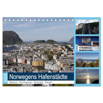 Abbildung von Norwegens Hafenstädte Alesund Honningsvag Geiranger Bergen (Tischkalender 2025 DIN A5 quer), CALVENDO Monatskalender