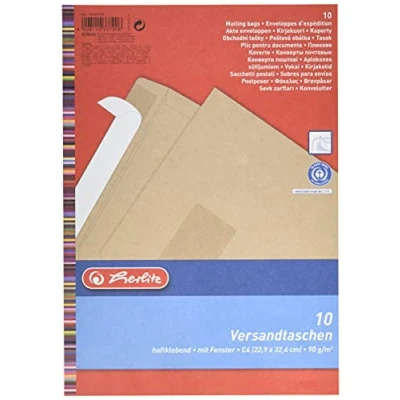Abbildung von Herlitz Versandtasche C4 90 g Haftklebend mit Fenster, Recyclingpapier, blauer Engel, 10 er Packung, eingeschweißt, braun