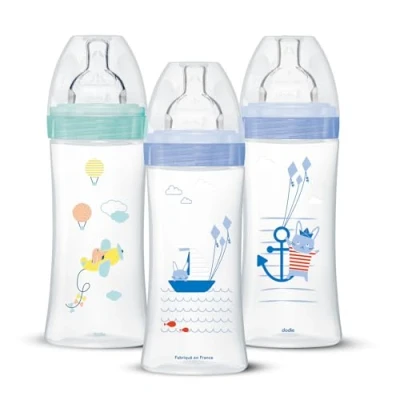 Abbildung von Dodie Babyflaschen, Antikolik Sensation+, für Jungen, 330 ml, +6 Monate, flacher Sauger, Fluss 3, 3er Set, 3 Stück