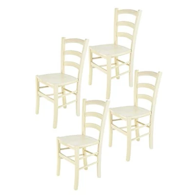 Abbildung von t m c s Tommychairs 4er Set Stühle Venice für Küche und Esszimmer, robuste Struktur aus lackiertem Buchenholz in Anilinfabre Weiss Sitzfläche Holz