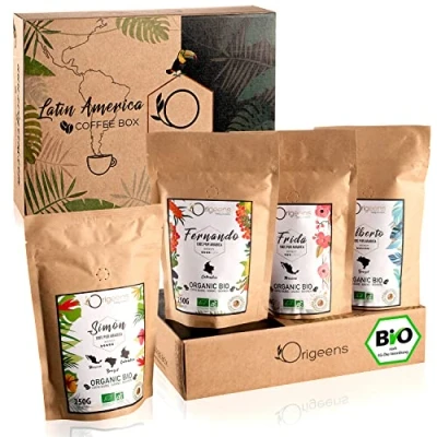 Abbildung von ORIGEENS Bio Kaffeebohnen Probierset 1kg Premium Arabica Kaffee Ganze Bohnen Set 4x250g Traditionelle Röstung Geschenkset