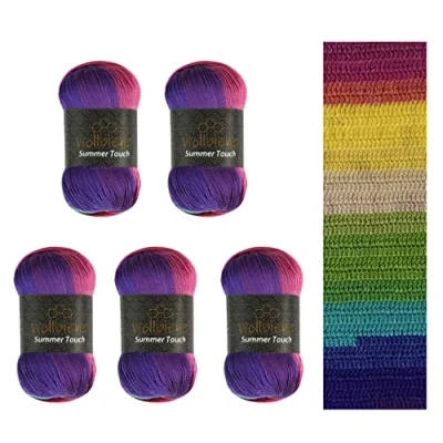 Abbildung von Wollbiene Summer Touch Batik 5 x 100 Gramm Wolle Mehrfarbig mit Farbverlauf, 500 merzerisierte Strickwolle Microfiber Acryl (515 lila gelb grün)