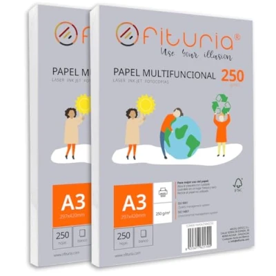 Abbildung von Packung mit 500 weißen DIN A3 Blättern, 250g Druckerpapier. Multifunktionales Kopierpapier für Schule und Büro. Ideal Laserdrucker, Tintenstrahldrucker oder Kopierer Ofituria