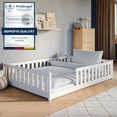 Abbildung von Kids Collective Kinderbett Bodenbett Bett mit Rausfallschutz &amp; Lattenrost Montessori Kinder (Jungen, Mädchen, Kinder, weitere Größen 80x160, 90x200, 140x200 cm), Gitterbett Jugendbett weiß Matratze Junge Mädchen 140x200cm